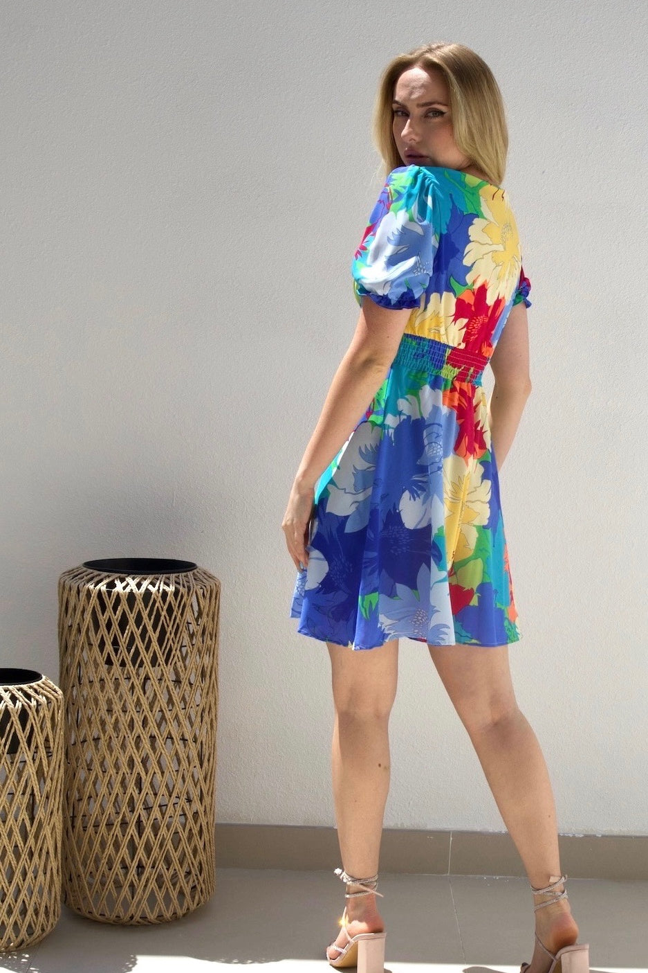 Female model wearing Lily Flower Print Dress - Blue- showcasing the latest ladies fashion with free delivery 