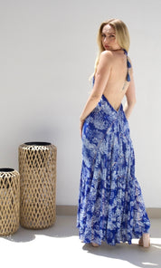 Female model wearing Felicity Beaded Halter Dress - Royal Blue- showcasing the latest ladies fashion with free delivery 