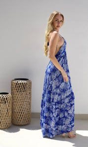 Female model wearing Felicity Beaded Halter Dress - Royal Blue- showcasing the latest ladies fashion with free delivery 