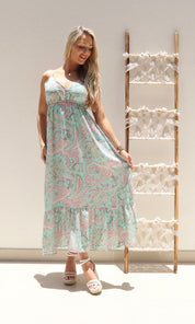 Female model wearing Scarlett Paisley Maxi - Turquoise- showcasing the latest ladies fashion with free delivery 