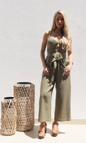 Female model wearing Camellia Belted Jumpsuit - Khaki- showcasing the latest ladies fashion with free delivery 