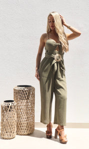 Female model wearing Camellia Belted Jumpsuit - Khaki- showcasing the latest ladies fashion with free delivery 