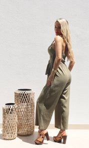 Female model wearing Camellia Belted Jumpsuit - Khaki- showcasing the latest ladies fashion with free delivery 