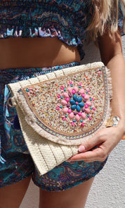 Female model wearing Jaz Bead Clutch - Cream- showcasing the latest ladies fashion with free delivery 