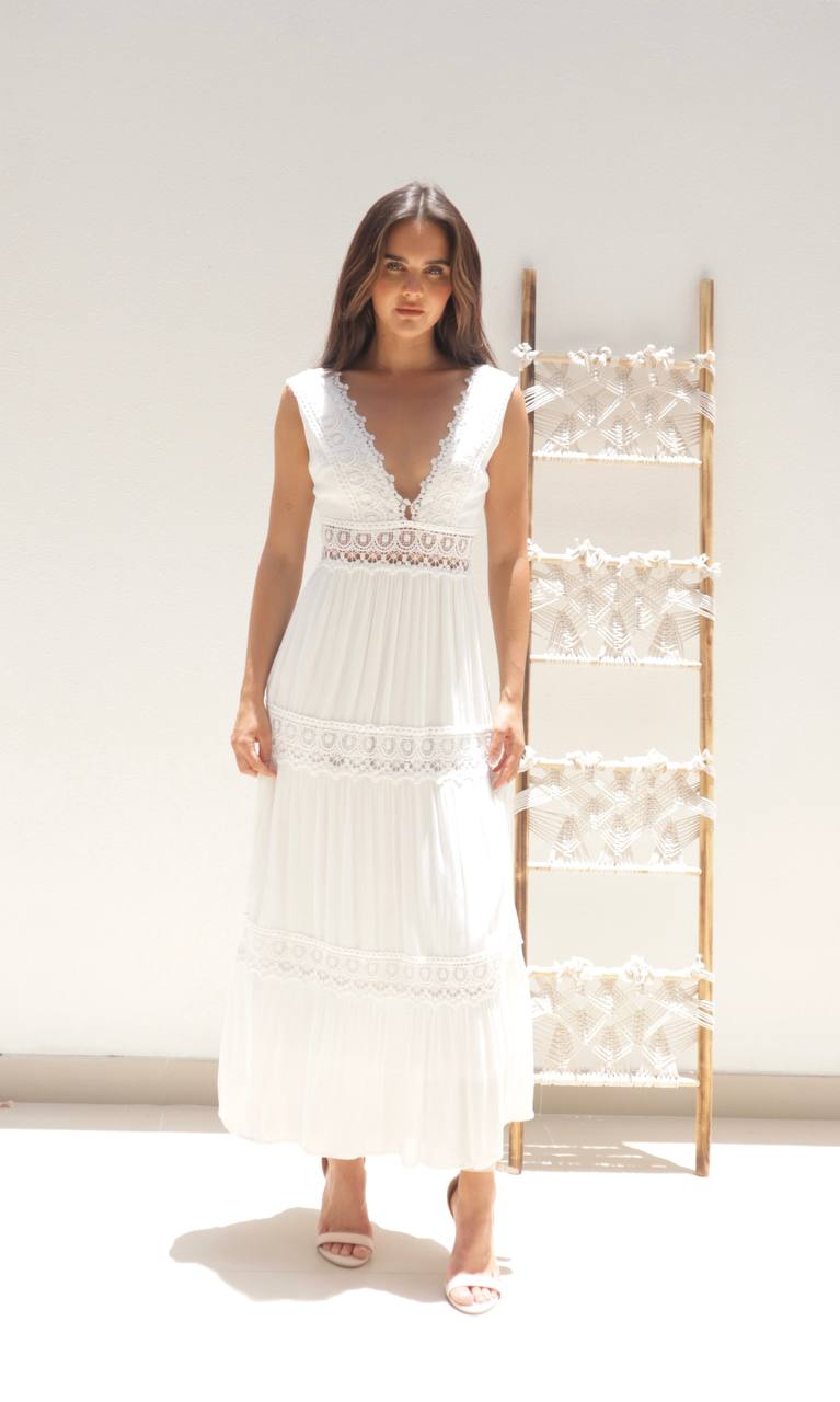 Female model wearing Neve Crochet Maxi - White- showcasing the latest ladies fashion with free delivery 