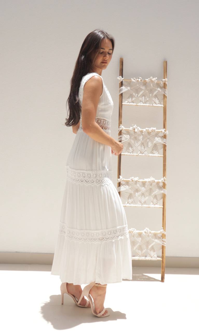 Female model wearing Neve Crochet Maxi - White- showcasing the latest ladies fashion with free delivery 